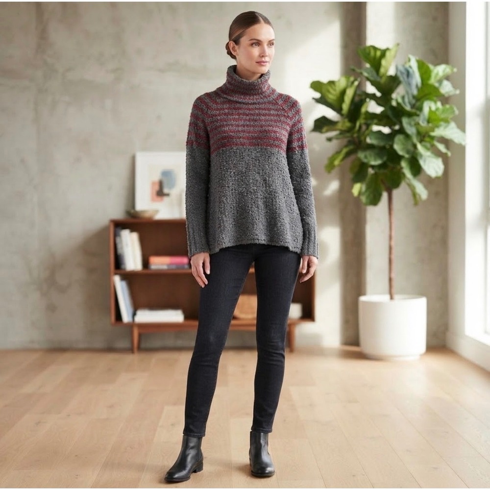 Free People Sweater Womens Fits L Grey Red Funnel Neck Wool Linen Blend Pullover